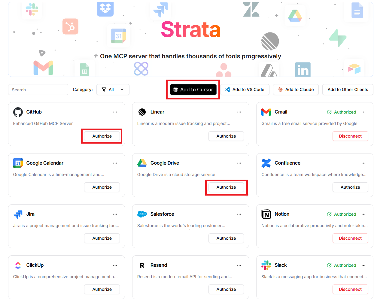 Klavis AI MCP Server Connection UI