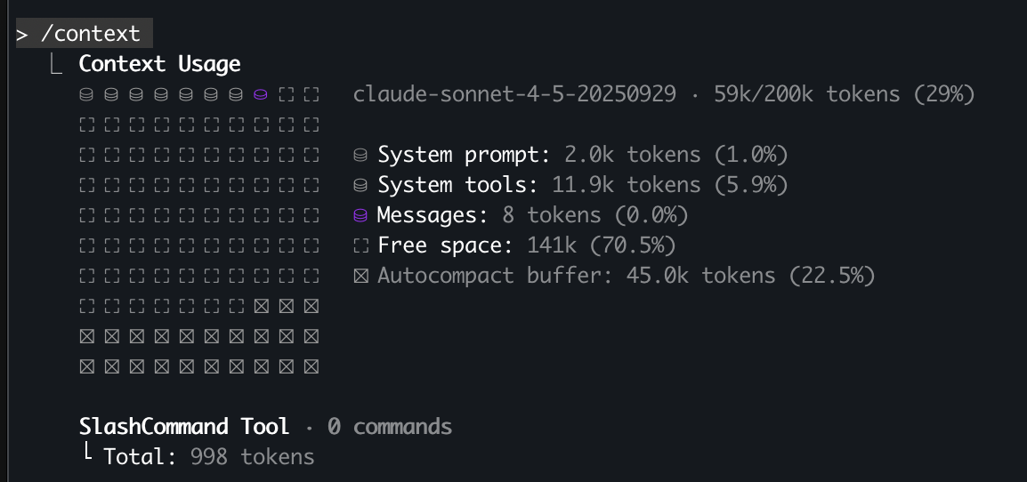 Context window usage showing tool definitions consuming 5-7% of available context